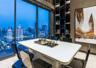 View over the skyline of Bangkok from a meeting room at Ideo Q Ratchathewi. Real estate photographer Thailand.