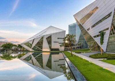 Architecture photography of the diamond shaped buildings at the Bangkok University Campus, Thailand.