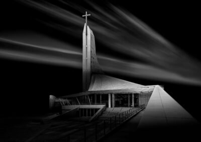 Modern church in the suburb f Bangkok, Thailand. Black and white architecture photography.