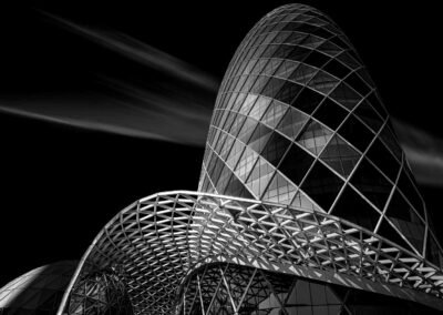 Architecture photography in black and white of the Pearl Tower in Ari, Bangkok.