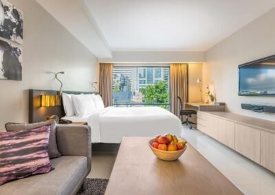 Modern hotel room with city view Maitria Hotel in Bangkok. Quality hotel photography for all sorts of hotels and resorts in Thailand.