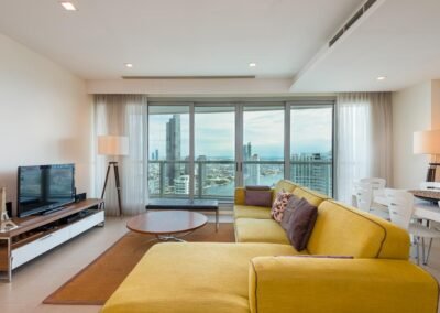 Modern living room at with river view at The River Condominium in Bangkok. Property photo is taken by Real Estate Photography Thailand.